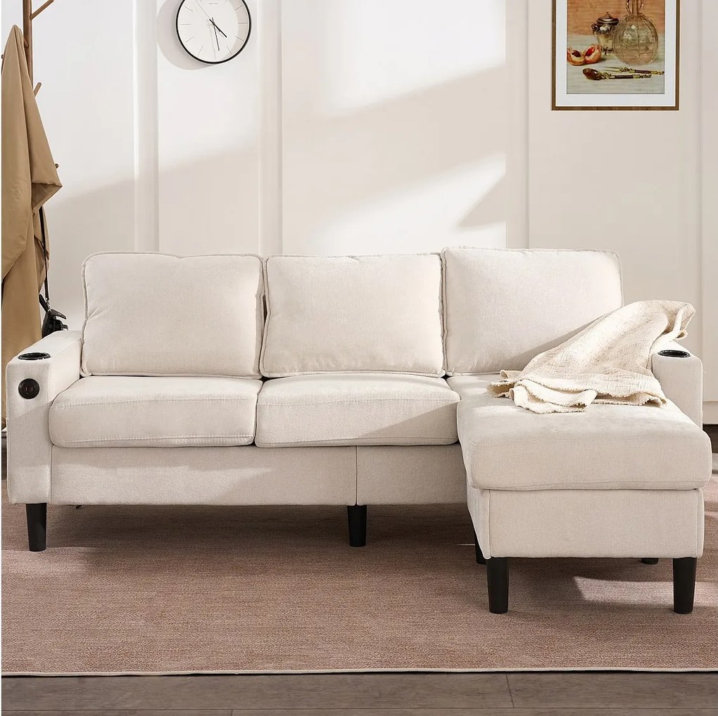 Sofa 3-osobowa, beżowy len, sofa w kształcie litery L z portami USB i Type-C, 2 uchwyty na kubki, do salonu i sypialni