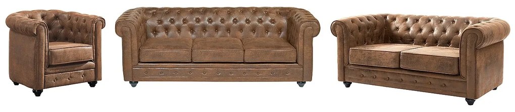 Kanapa 3- i 2-osobowa i fotel CHESTERFIELD z mikrofibry o wyglądzie postarzanej skóry