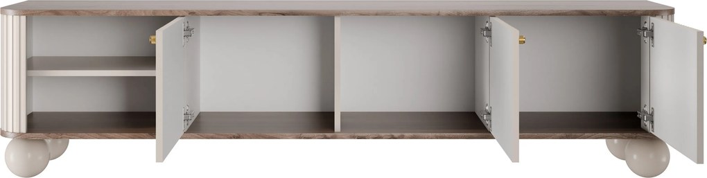 Szafka RTV Vesper 187 cm trzydrzwiowa - kaszmir / orzech / złote uchwyty / nogi kule