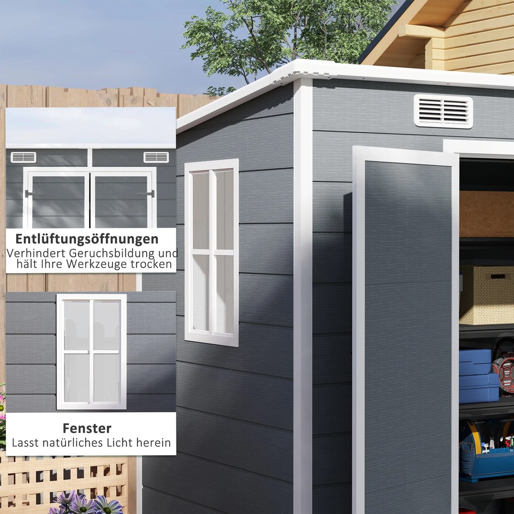 Outsunny 2,4 x 1,3 m Domek Ogrodowy, Szopa z Plastiku z Podłogą, Okno, Zamknięte Drzwi, dla Ogrodu, Tarasu, Szary