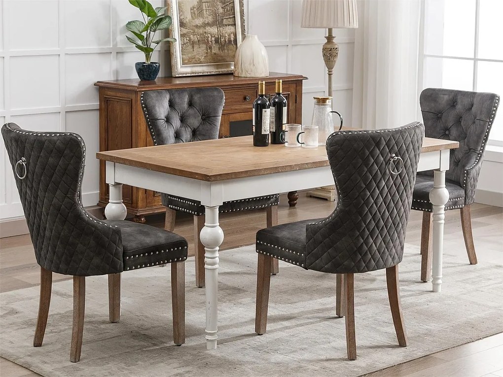 Zestaw 4 aksamitnych krzeseł - nogi z litego drewna - szary