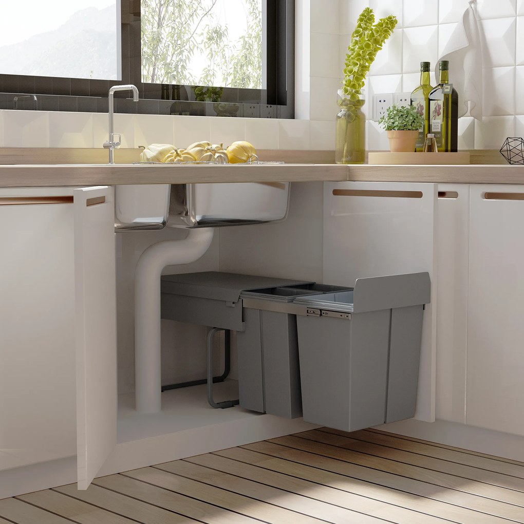 HOMCOM Kosz na śmieci z 3 pojemnikami na odpady do segregacji, system szynowy, wbudowany, zestaw 3 pojemników, Szary