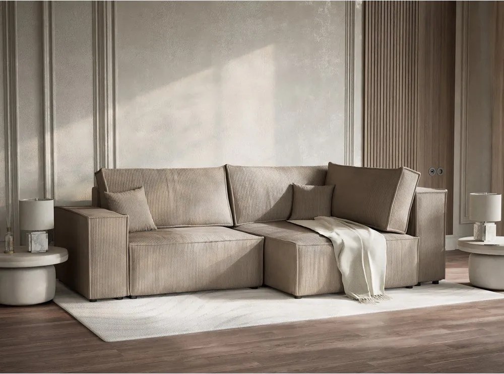 Beżowy sztruksowy rozkładany narożnik ze schowkiem (prawostronny/w kształcie litery L) Tonga – Maison de Rêve