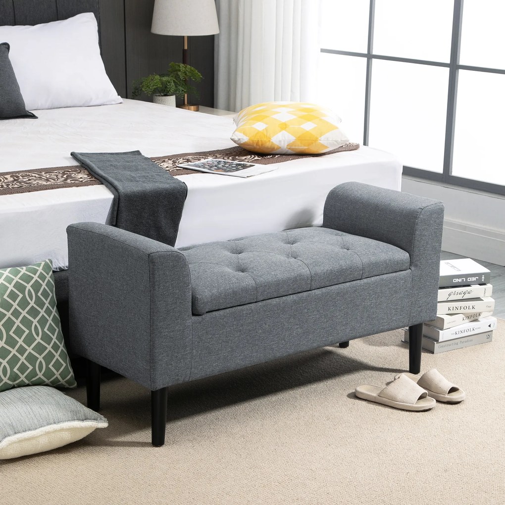 HOMCOM Ławka z miejscem do przechowywania, belastbar do 130 kg, wygląd lnu, drewno kauczukowe, 116 x 44 x 58 cm, Jasnoszary