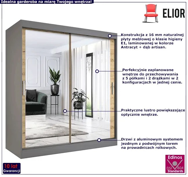 Szafa przesuwna z lustrem 180 cm antracyt + dąb artisan - Kukkin 5X