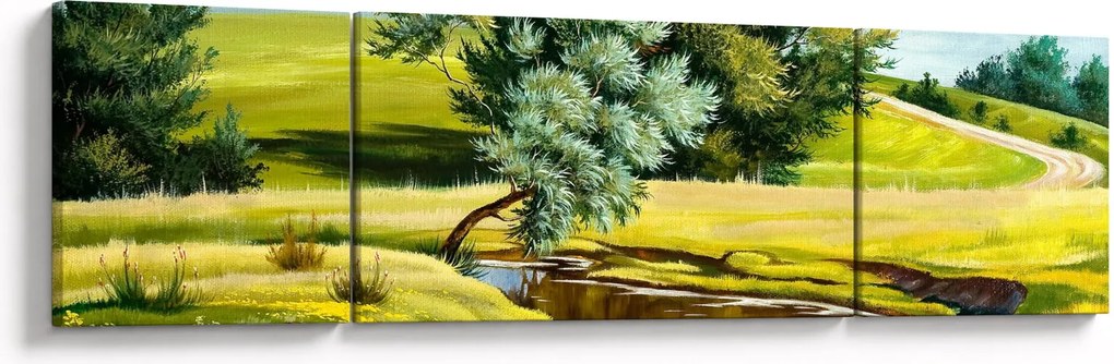 Obraz - rzeka między łąkami, obraz olejny (170x50 cm)