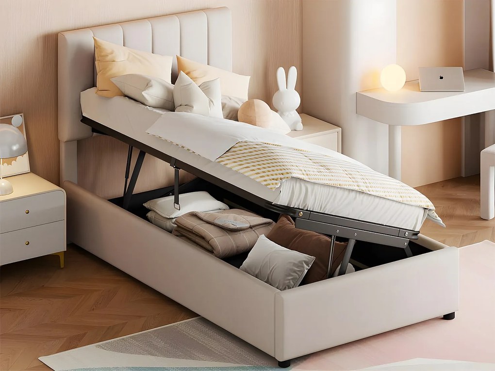 Łóżko z tapicerowanym zagłówkiem z lnu - 90x200cm - Beżowe