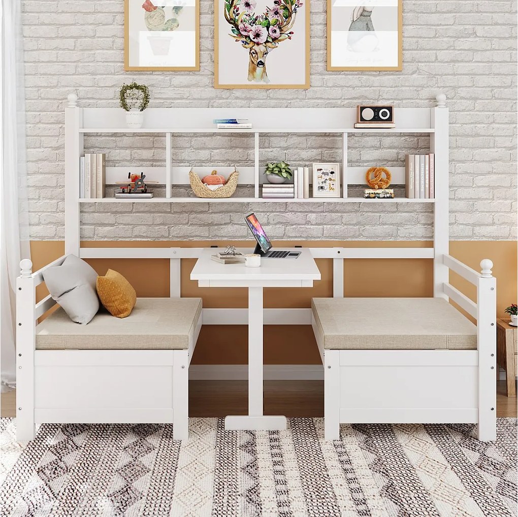 Wielofunkcyjna sofa rozkładana - 200 x 90 cm - 2 w 1 - z poduszkami i schowkiem - Drewno lite - Biały