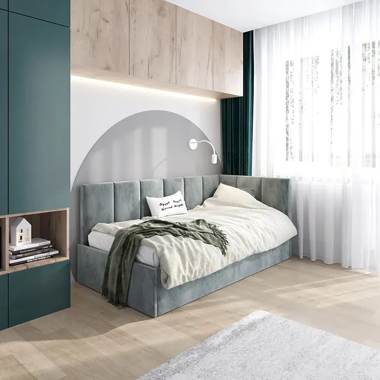 Szare narożne łóżko tapicerowane młodzieżowe 90x200 W6-C98