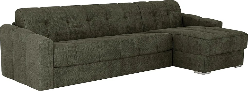 Kanapa narożna rozkładana typu express typu express z zielonej teksturowanej tkaniny w kolorze khaki - Powierzchnia spania 160 cm - Materac 22 cm z pianką z pamięcią kształtu - DARIELO