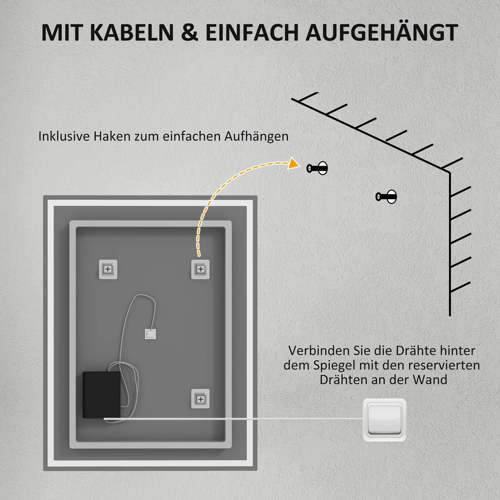HOMCOM Lustro łazienkowe z oświetleniem 90x70 cm, LED, Wandspiegel z funkcją pamięci, 3 kolory światła, Srebrne