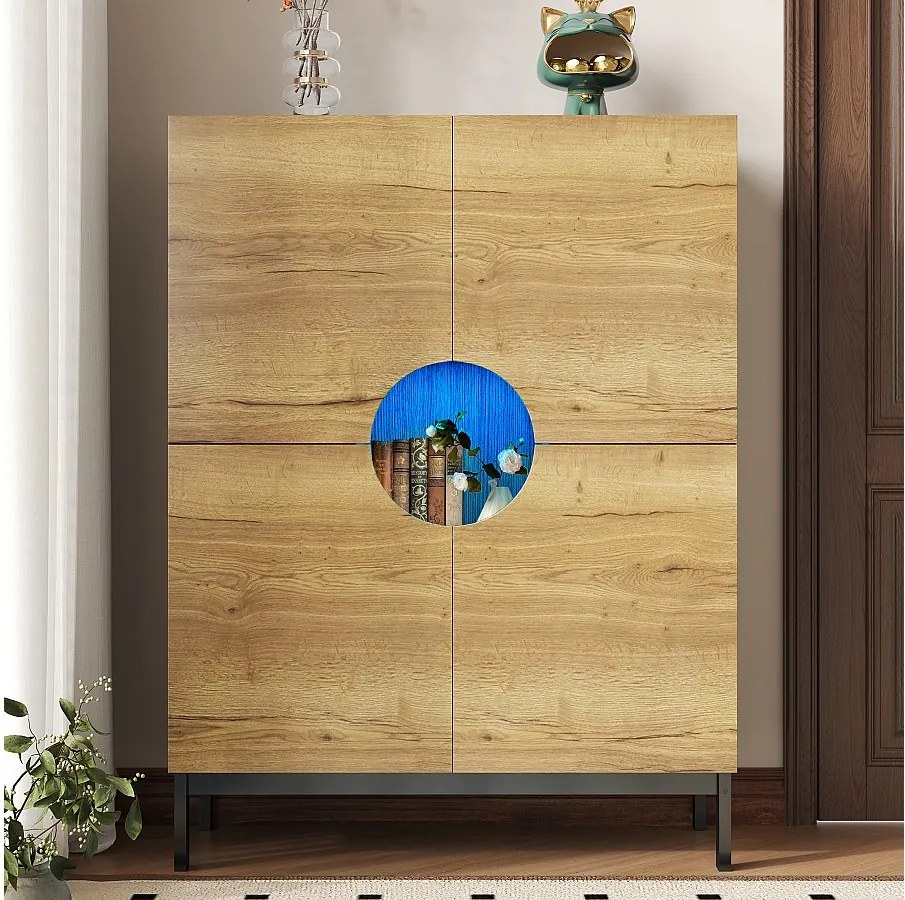 Szafka na buty z oświetleniem LED, 4 drzwi w kolorze drewna i regulowane półki – czarne drewniane nogi