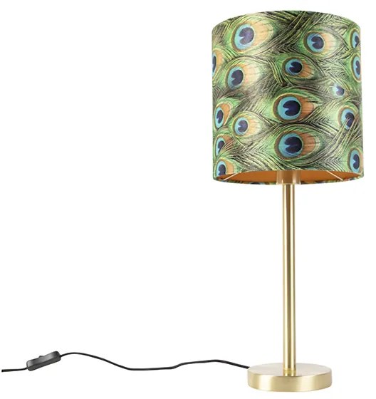 Lampa stołowa w stylu botanicznym z mosiężną podstawą i abażurem w kolorze pawia 25 cm - Simplo ArtDeco Oswietlenie wewnetrzne