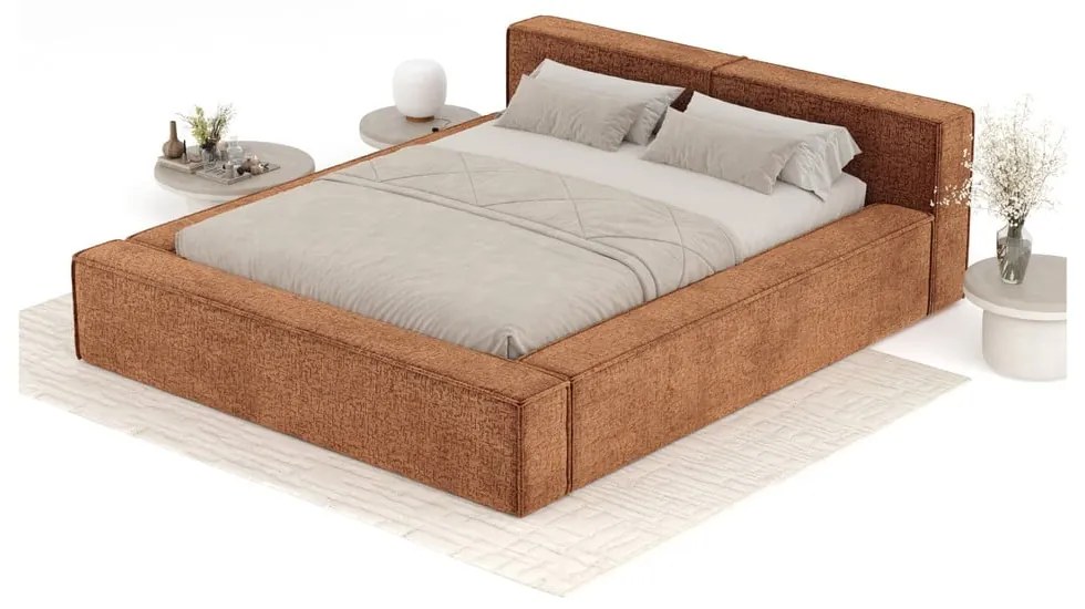 Pomarańczowe tapicerowane łóżko dwuosobowe ze schowkiem i stelażem 200x200 cm Voliera – Maison de Rêve