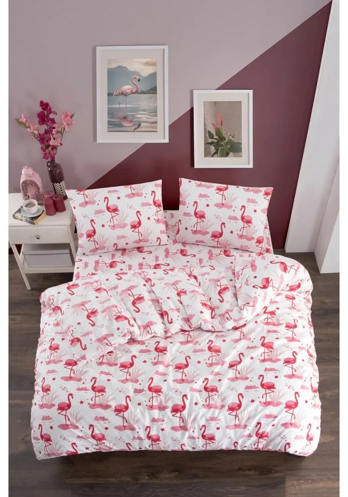 Biało-różowa pościel jednoosobowa z prześcieradłem/3-częściowa 160x220 cm Flamingo – Mila Home