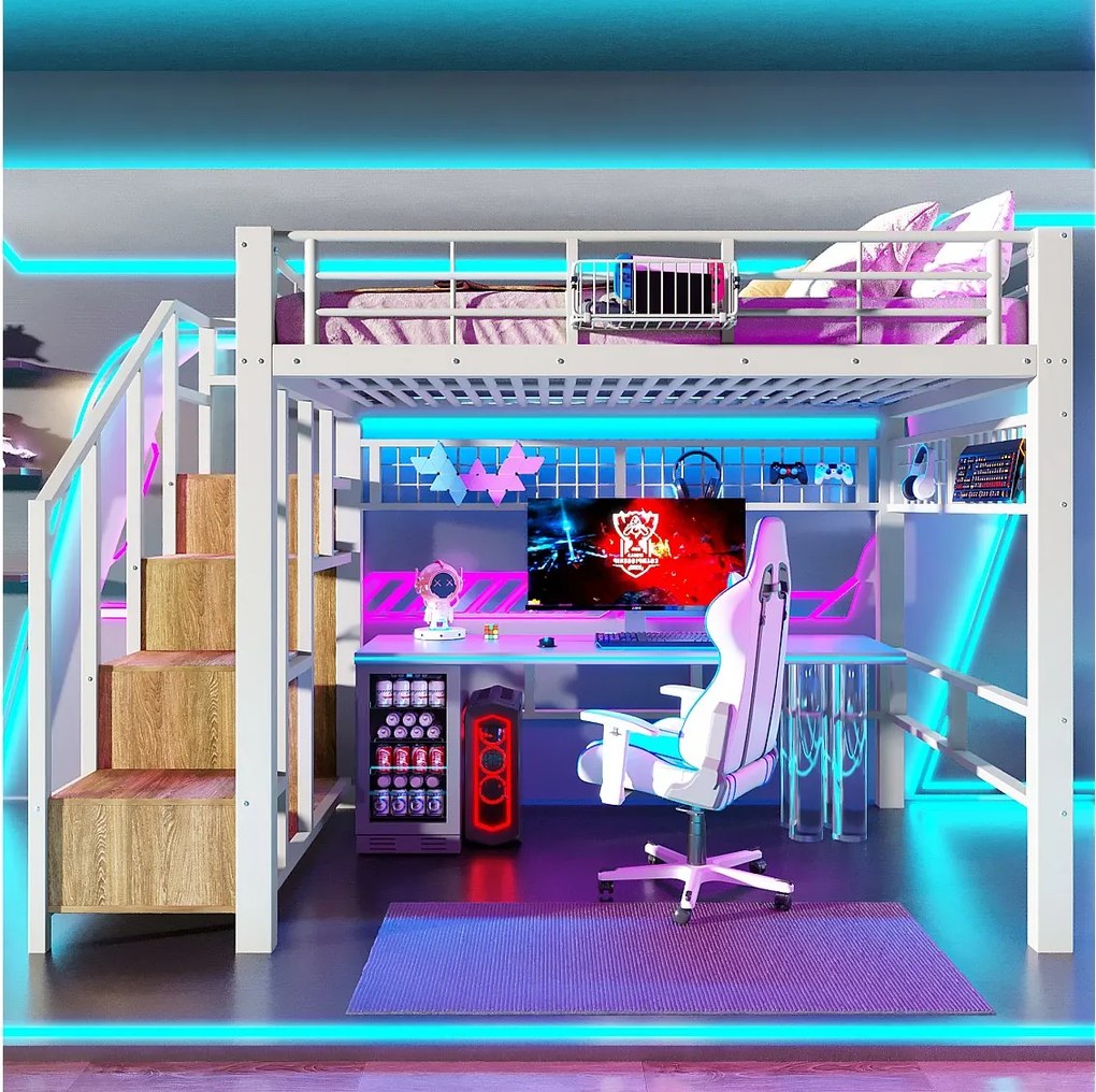 Metalowe łóżko piętrowe dla dzieci - 140 x 200 cm - z oświetleniem LED + drabinka - białe