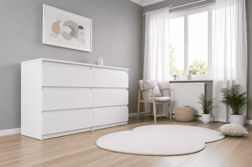 Komoda Asmara 140 cm 6 szuflad nowoczesna duża do salonu sypialni biała polska