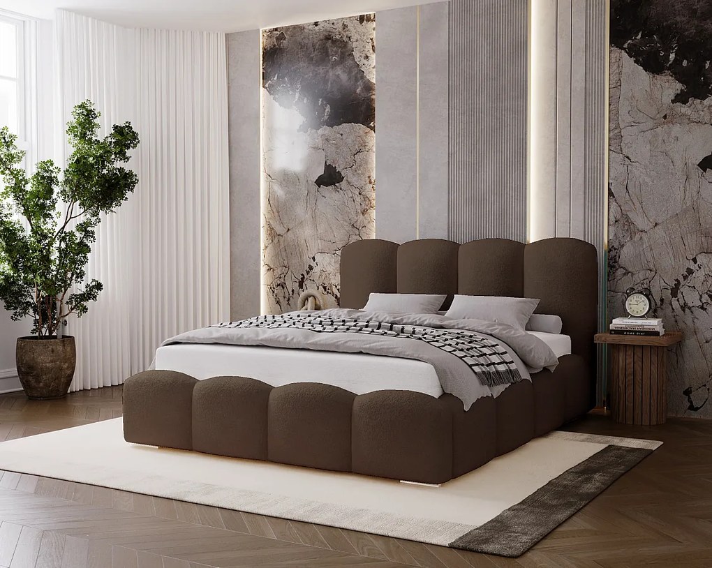 BESILIO Łóżko tapicerowane 120x200 Fluffy – łóżko chmurka boucle, z pojemnikiem na pościel i stelażem, gruba pianka, nowoczesne łóżko do sypialni – Brązowy