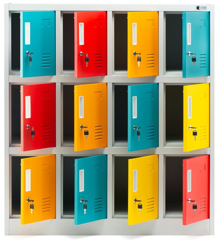 Socjalna szafa skrytkowa BHP do szkół i przedszkoli OLA, 1090 x 1200 x 450 mm, szaro-wielokolorowa