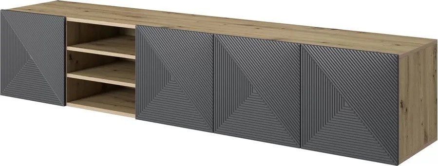 Szafka RTV Asha 200 cm wisząca z ryflowanym frontem i wnęką - artisan / rivier stone mat