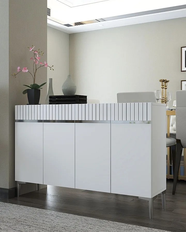 Komoda – 120 cm x 80 cm x 29,6 cm – Biała i srebrna – Płyta wiórowa