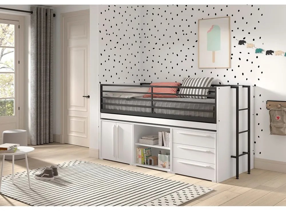 Białe podwyższone łóżko dziecięce ze schowkiem ze stelażem 90x200 cm Sam – Vipack