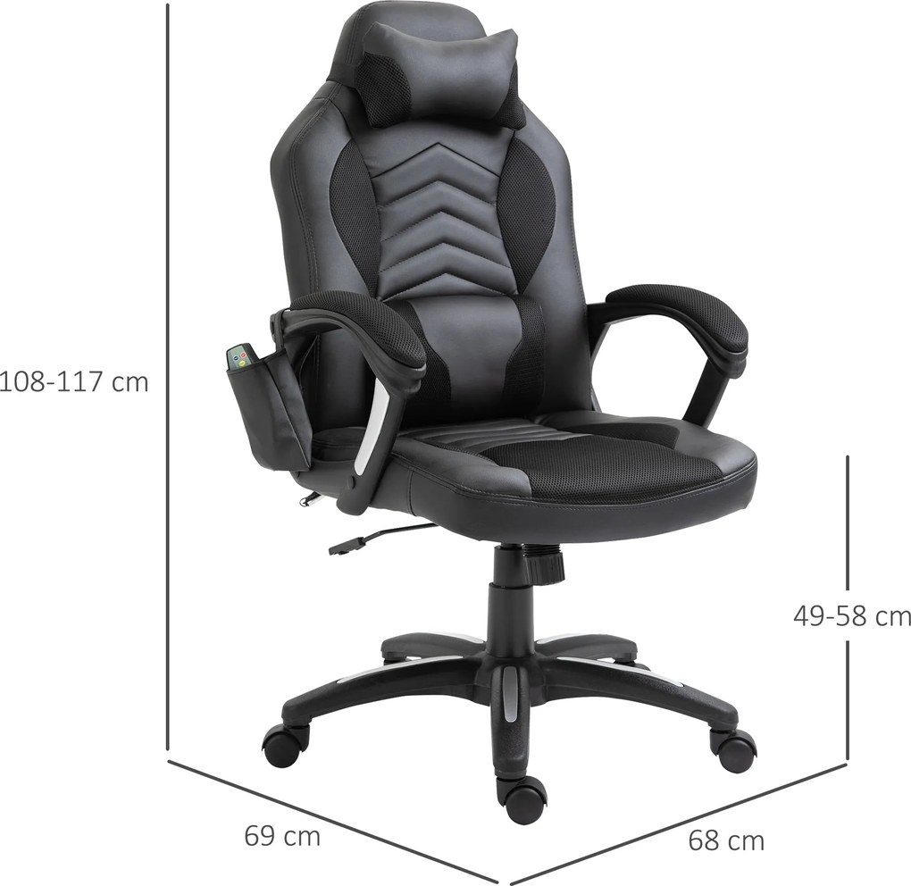 HOMCOM Fotel biurowy ergonomiczny obrotowy z masażem i ogrzewaniem czarny elegancki design | Aosom PL