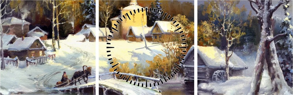 Obraz - Zimowe miasteczko (z zegarem) (90x30 cm)