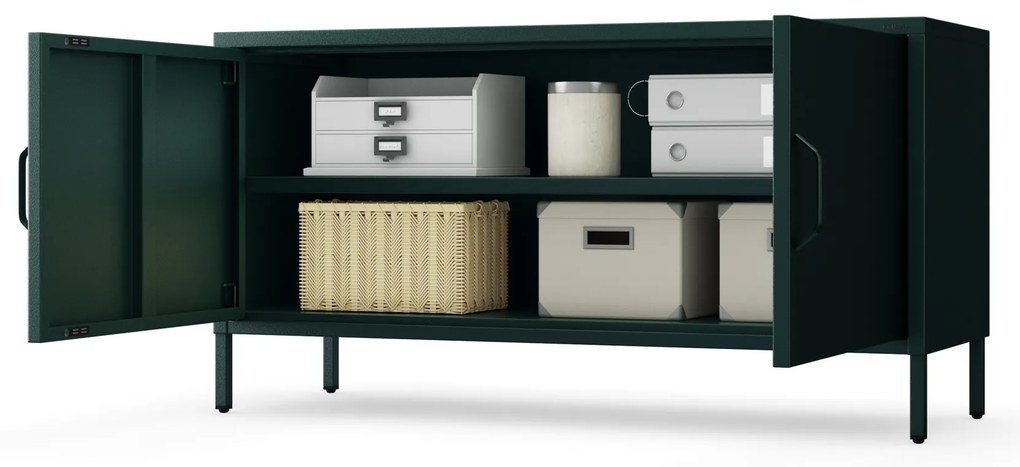 Szafka RTV metalowa na nóżkach butelkowa zieleń, 1150x595x400 mm: ROSA Modern