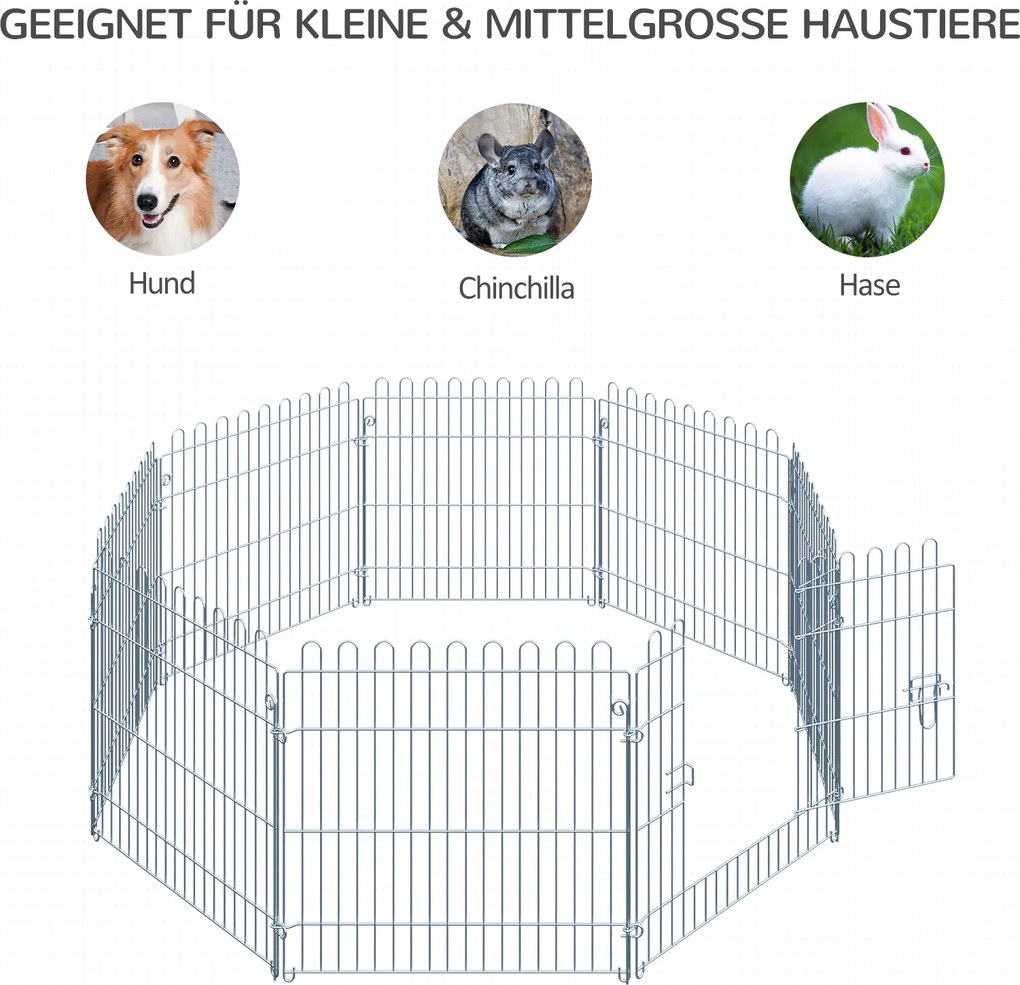 PawHut Płotek Kojec dla Szczeniąt 8 Części 63x60cm Srebrny | Aosom PL