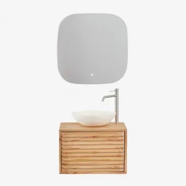 Zestaw Wiszących Mebli Łazienkowych 60x45 Cm Z Drewna Deleyna Naturalna & Cement Okrągły Biały Ø40 Cm Zavion & Kwadratowa Lampa Led I Przeciwmgielna 7