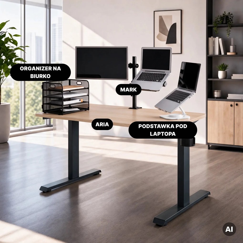 Biurko elektryczne z regulacją wysokości ergonomiczne antracytowe/dąb sonoma,1200x600 mm: ARIA