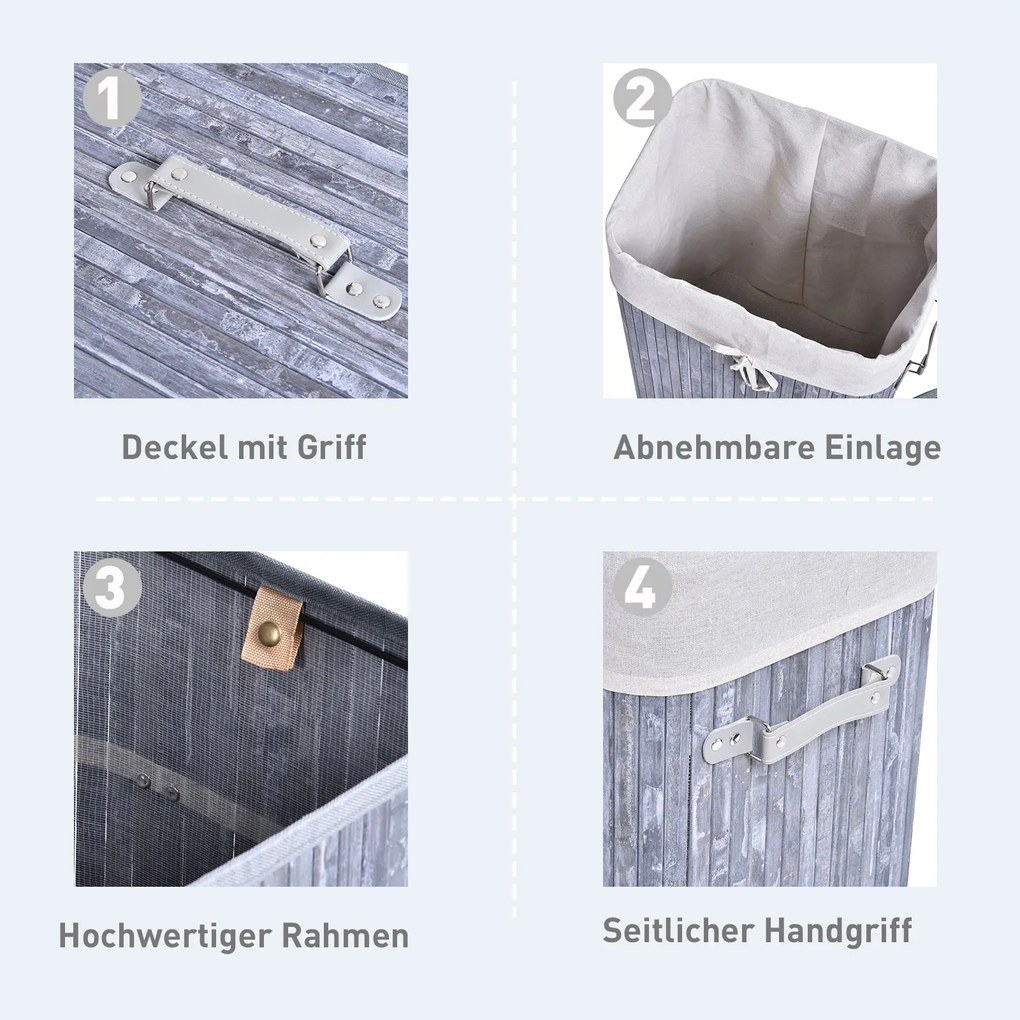 HOMCOM Elegancki kosz na pranie z bambusa 72L z pokrywą, Szary