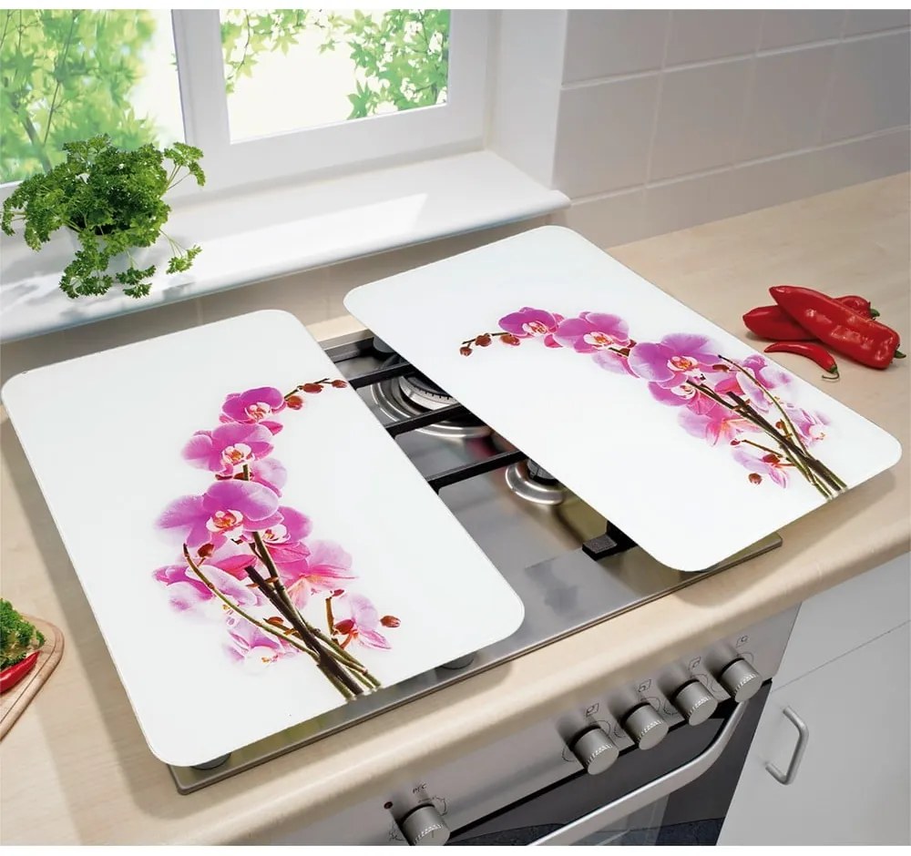Zestaw 2 szklanych płyt ochronnych na kuchenkę Wenko Orchid, 52x30 cm