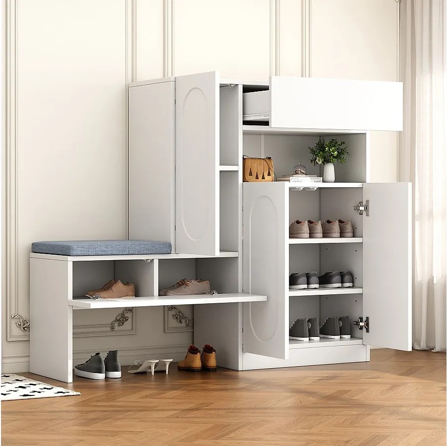 Szafka na buty 2 w 1 - 130 x 35 x 110 cm - z 3 drzwiami + ławka tapicerowana - płyta wiórowa - biała