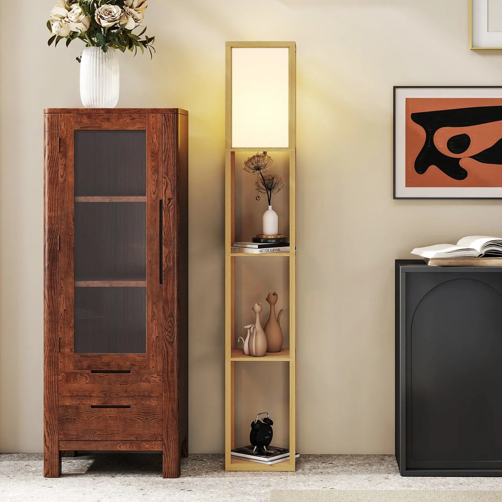 HOMCOM Lampa stojąca z 3 półkami, lampa podłogowa z oprawką E27, 26 x 26 x 160 cm, do salonu/sypialni (bez żarówki) | Aosom PL