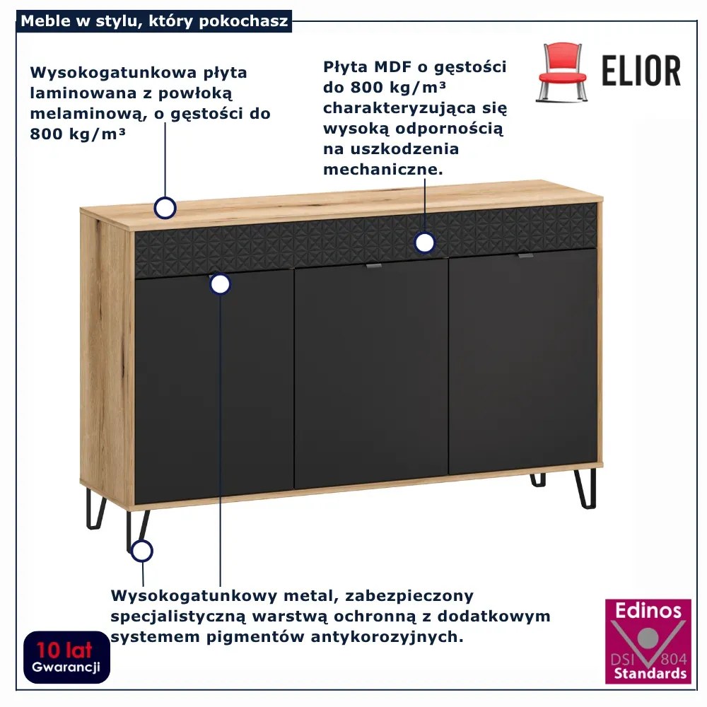 Komoda trzydrzwiowa na nóżkach dąb evok + czarny P7-M65