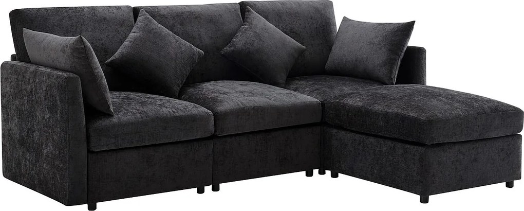 Sofa 3-osobowa, sofa Chenille z tapicerowanym oparciem i podnóżkiem - ciemnoszara
