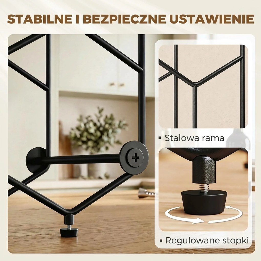 HOMCOM Stojak na wino na 13 butelek z designem plastra miodu, regulowanymi nóżkami, zabezpieczeniem przed przewróceniem, metalowy, 43 x 15,5 x 31 cm, czarny | Aosom PL