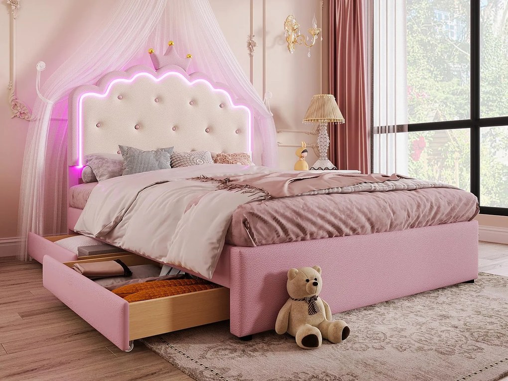 Łóżko tapicerowane 140x200cm w skórze ekologicznej - z LED + 2 szuflady i łóżko wysuwane 90x190cm - Różowe