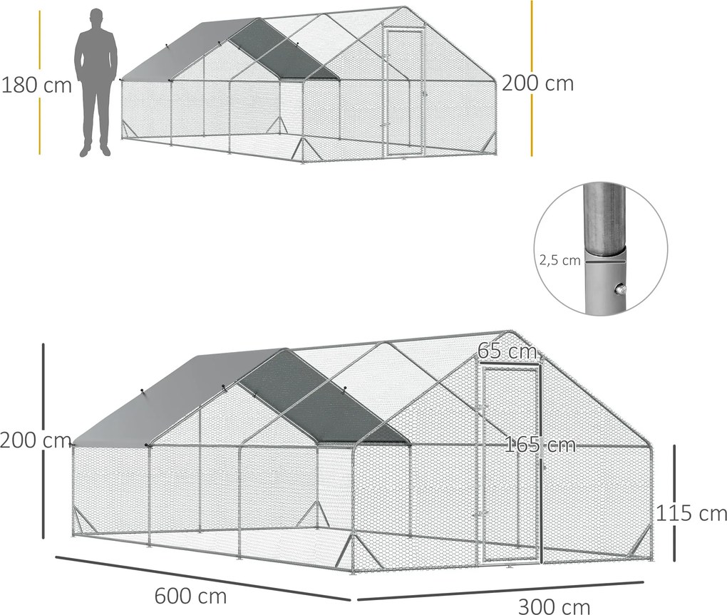 PawHut PewHut XXL kurnik zewnętrzny z kloszem stalowym 3 x 6 x 2 m