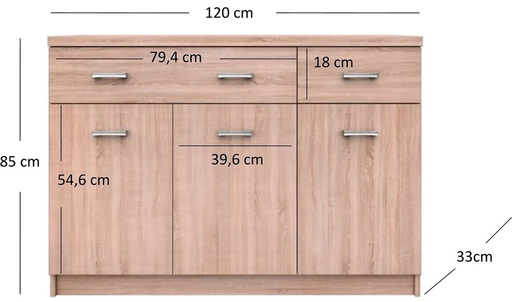 Komoda Trzydrzwiowa z Szufladami Drewniana do Salonu ELEGO 120 cm Dąb sonoma Nowoczesna