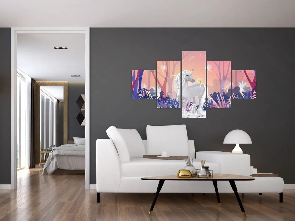Obraz - Jednorożec w magicznym lesie (125x70 cm)