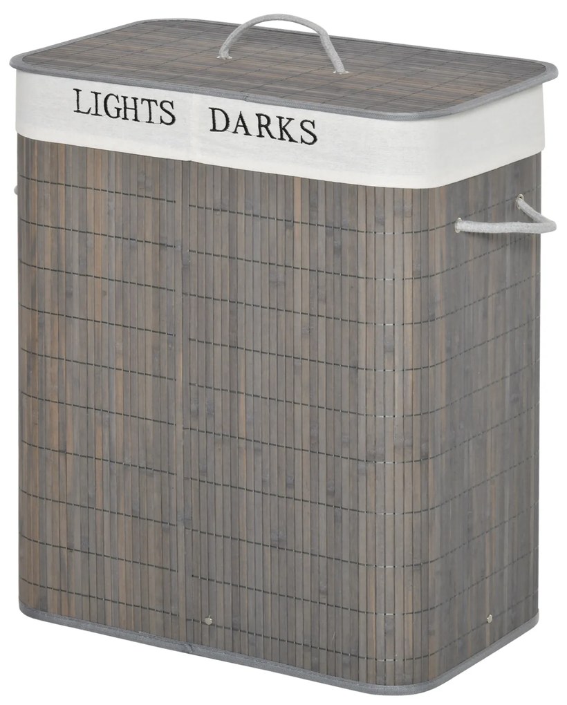 HOMCOM 100L Kosz na pranie z 3 uchwytami, z pralnym workiem na pranie, Bambus, Poliester, Bawełna, Metal, 52 x 32 x 63 cm, Szary