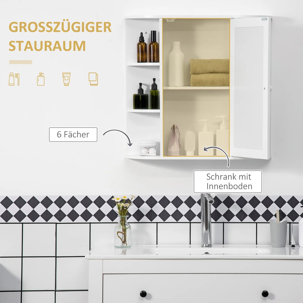 HOMCOM Szafka z lustrem do łazienki, szafka wisząca na ścianę z 8 przegródkami, wielofunkcyjna szafka łazienkowa, kolor biały, wymiary 66 x 17 x 63 cm