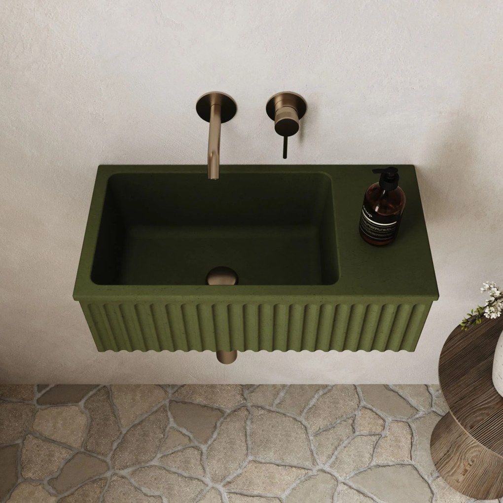 Umywalka betonowa ryflowana nablatowa / wisząca prostokątna 60 x 30 cm WELLE oliwkowa | różne kolory : Kolor - Oliwkowy, Typ montażu - podwieszana