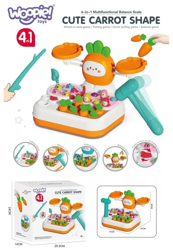 Woopie gra montessori 4w1 łowienie rybek waga szalkowa uderz w kreta i marchewki