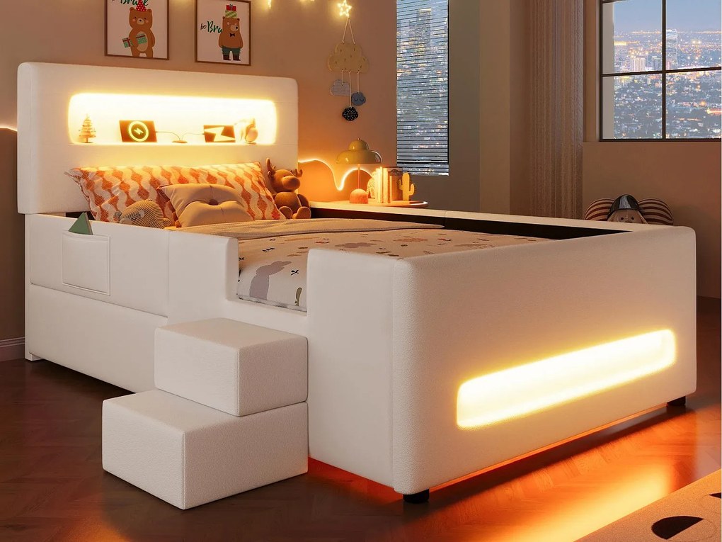 łóżko pojedyncze 90x200 cm - z oświetleniem LED - ze schodkami - 1 szuflada i torba do przechowywania - Biały (materac nie jest wliczony w cenę)