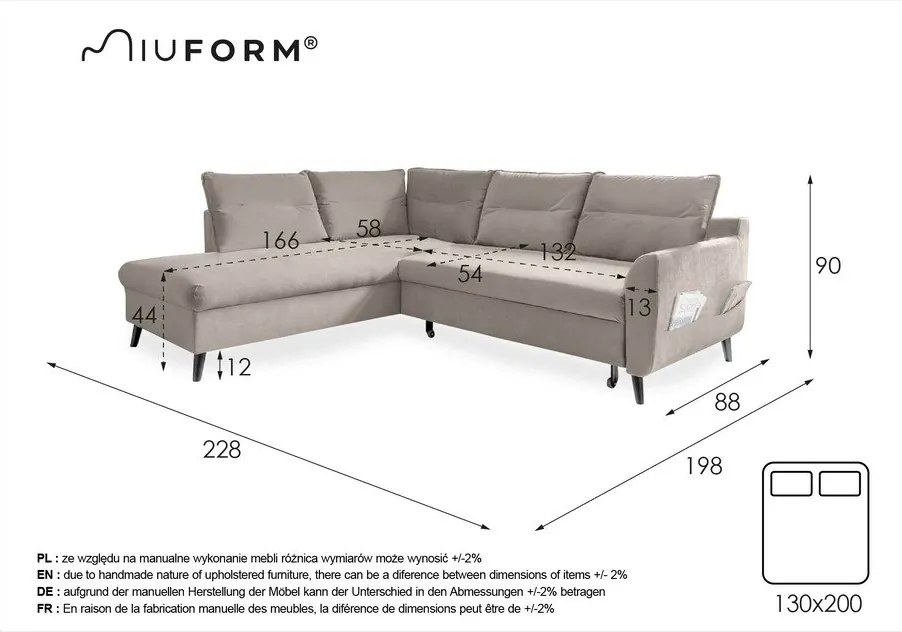 Różowy aksamitny narożnik rozkładany Miuform Stylish Stan L, lewostronny