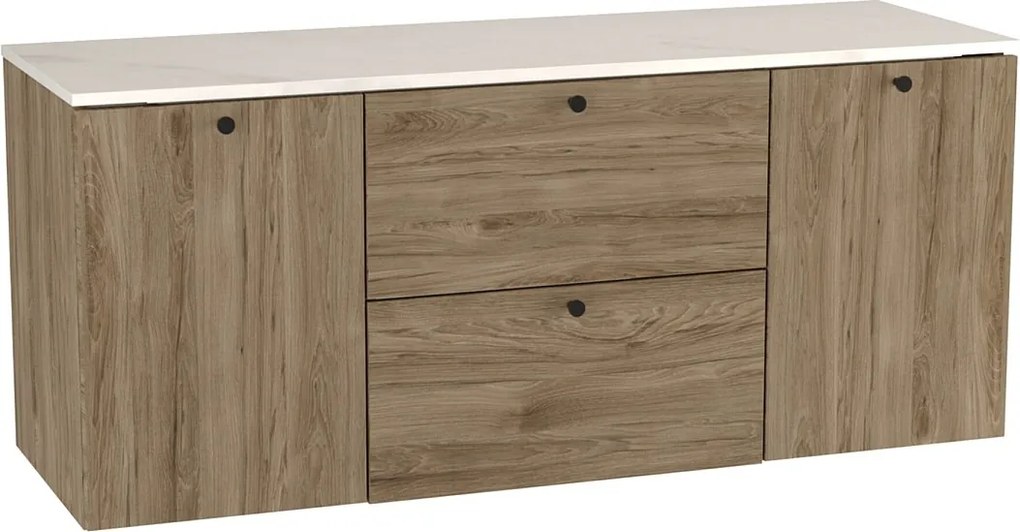 Szafka pod umywalkę WENA, z 2 drzwiami i 2 szufladami, gładkie fronty, z koszami na pranie, Beti, 140x60x47 cm, Orzech Ciemny/Marmur Bianco